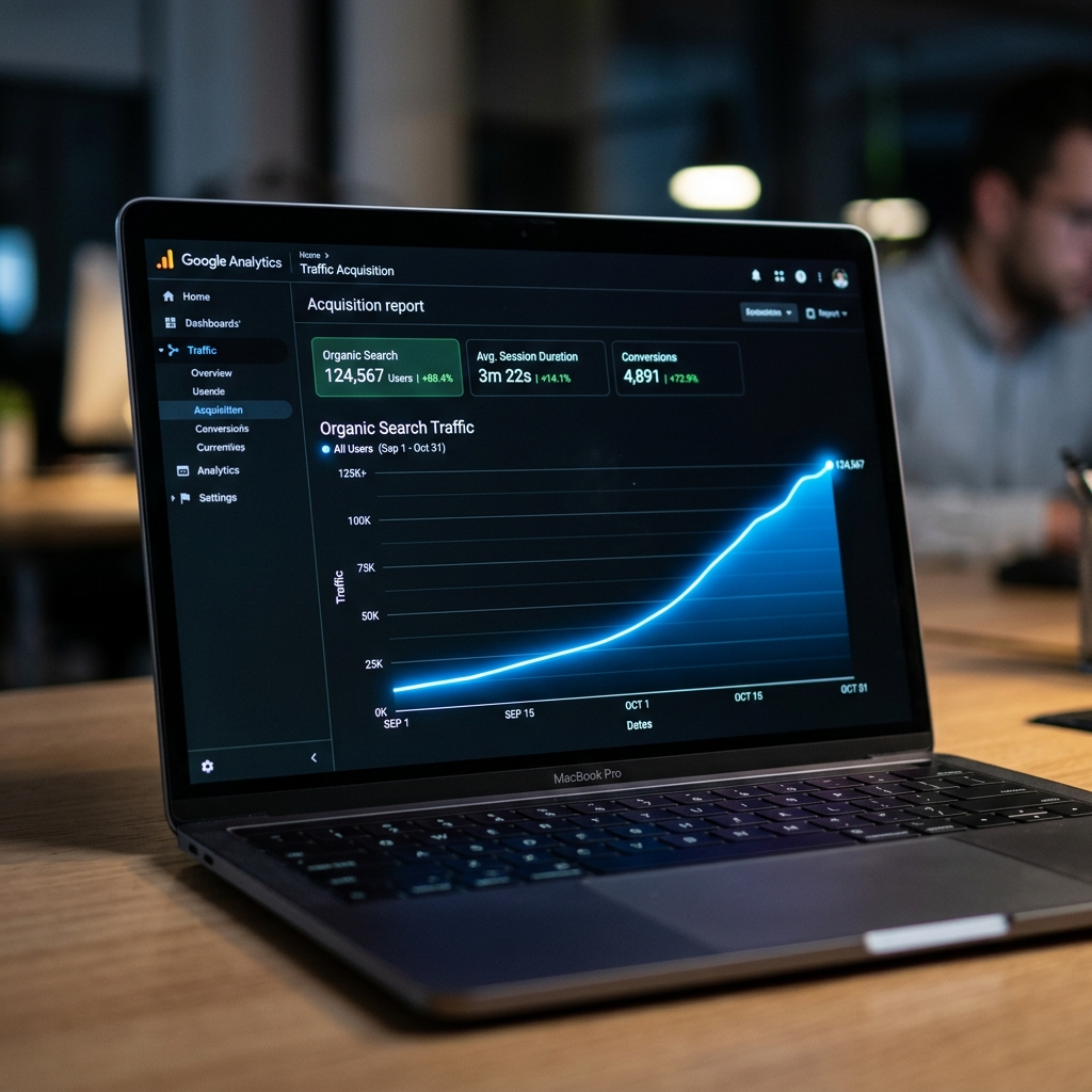 Organic SEO Growth Dashboard displaying Google Analytics curves on laptop screen