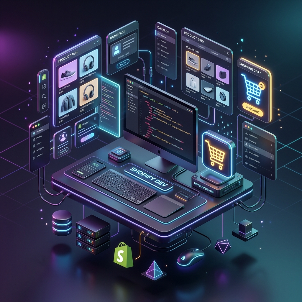 Custom Shopify Ecommerce Web Development Workspace illustration